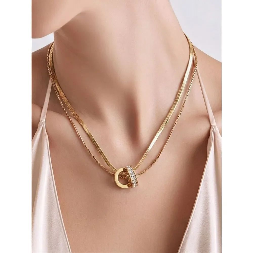 Gold Double Layer Necklace with CZ Barrel Pendant | Herringbone & Box Chain NWT